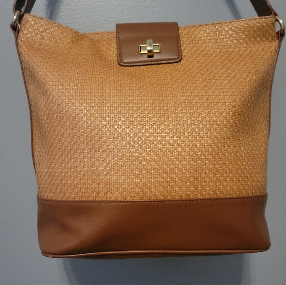 Talbots Woven Leather Shoulder Brown Bag Purse Boho Raffia - Picture 3 of 15